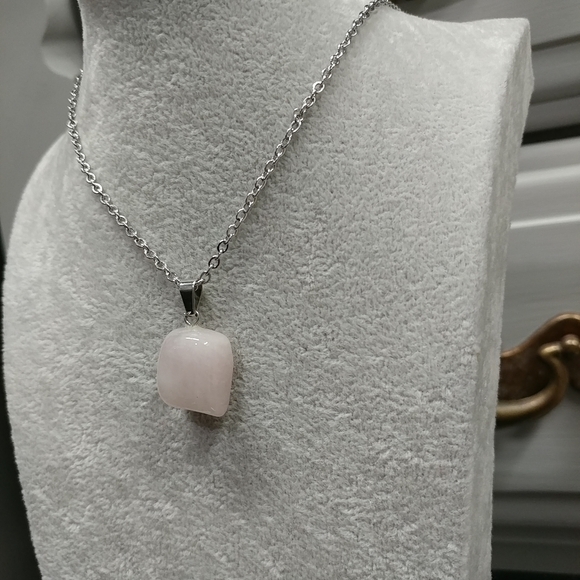 Rose Quartz Necklace Natural Gemstone Crystal Pendant Stainless-Steel Chain Pink - Picture 11 of 16